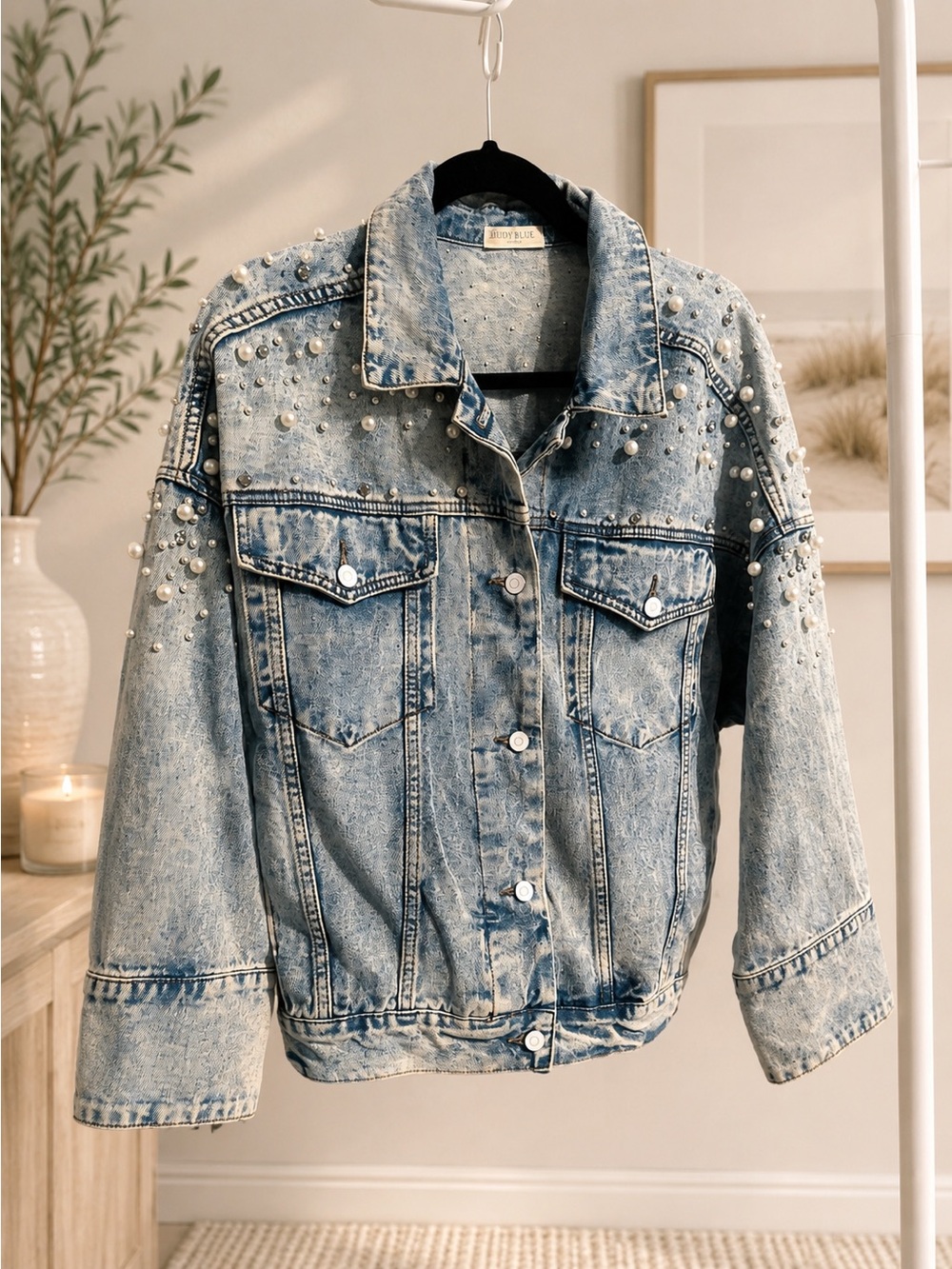 Pearl-Embellished Light Wash Denim Jacket - Women - Picture 1 of 7